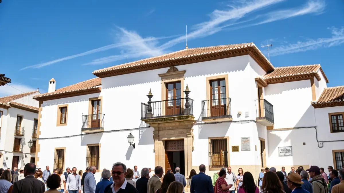 Fachada de un ayuntamiento andaluz tradicional con paredes blancas, tejado de tejas y balcón ornamentado, bajo un sol intenso.