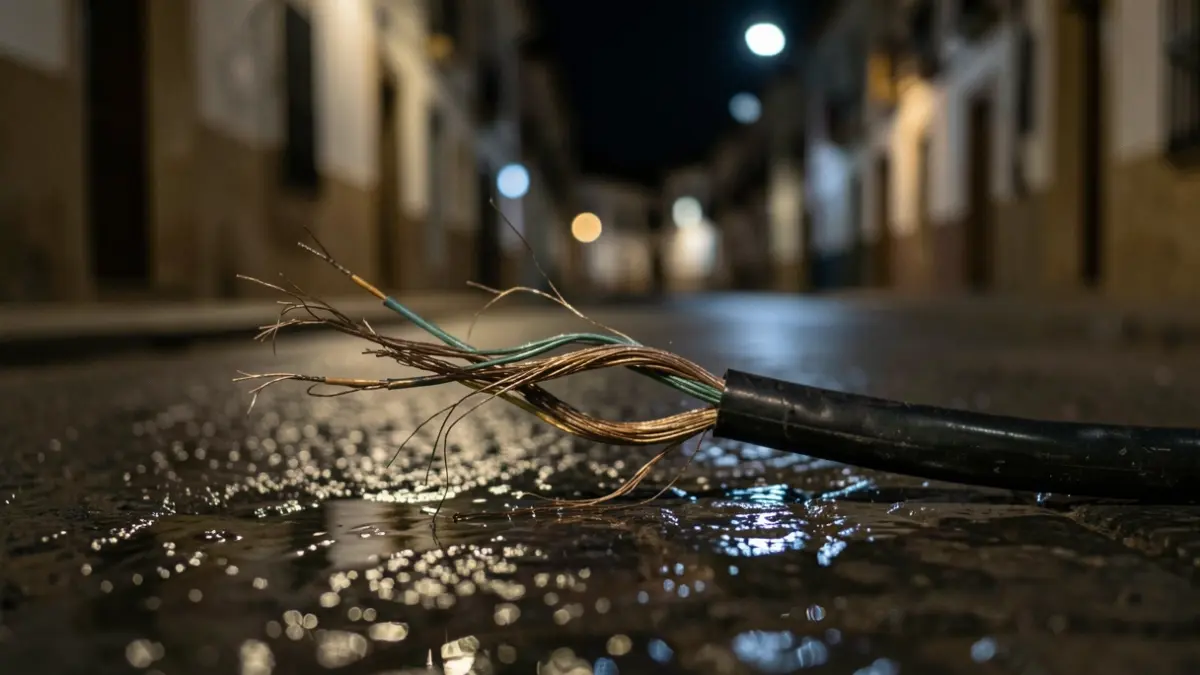Imagen de un cable eléctrico dañado con luces de emergencia reflejándose en el asfalto mojado.