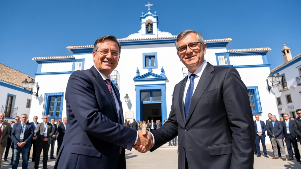 Image of two mayors shaking hands in front of an Andalusian town hall.