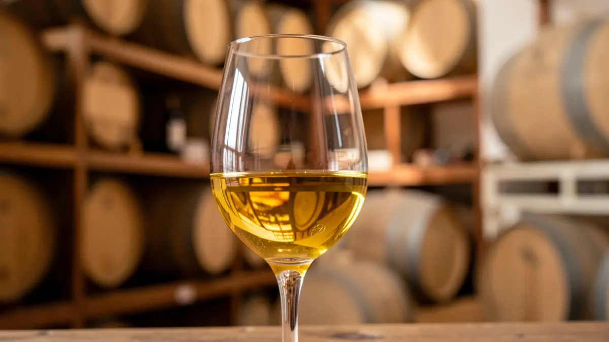 Copa de Manzanilla de Sanlúcar con estanterías de bodega al fondo.