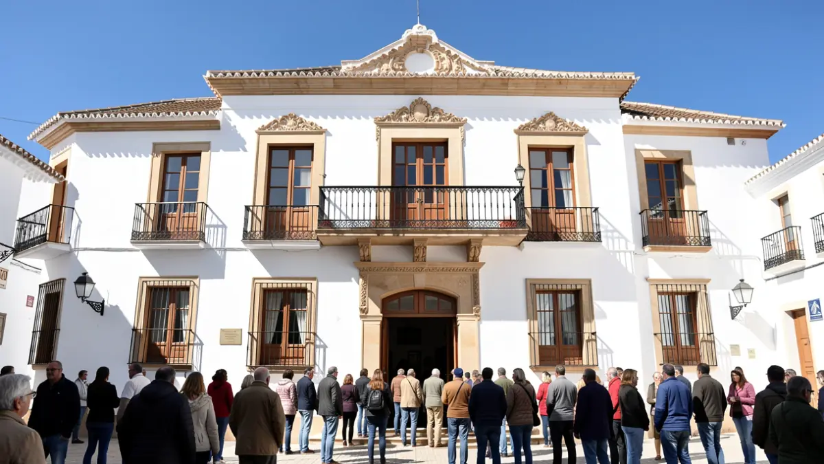 Facade of a white Andalusian town hall with a balcony and tiled details under the sun.