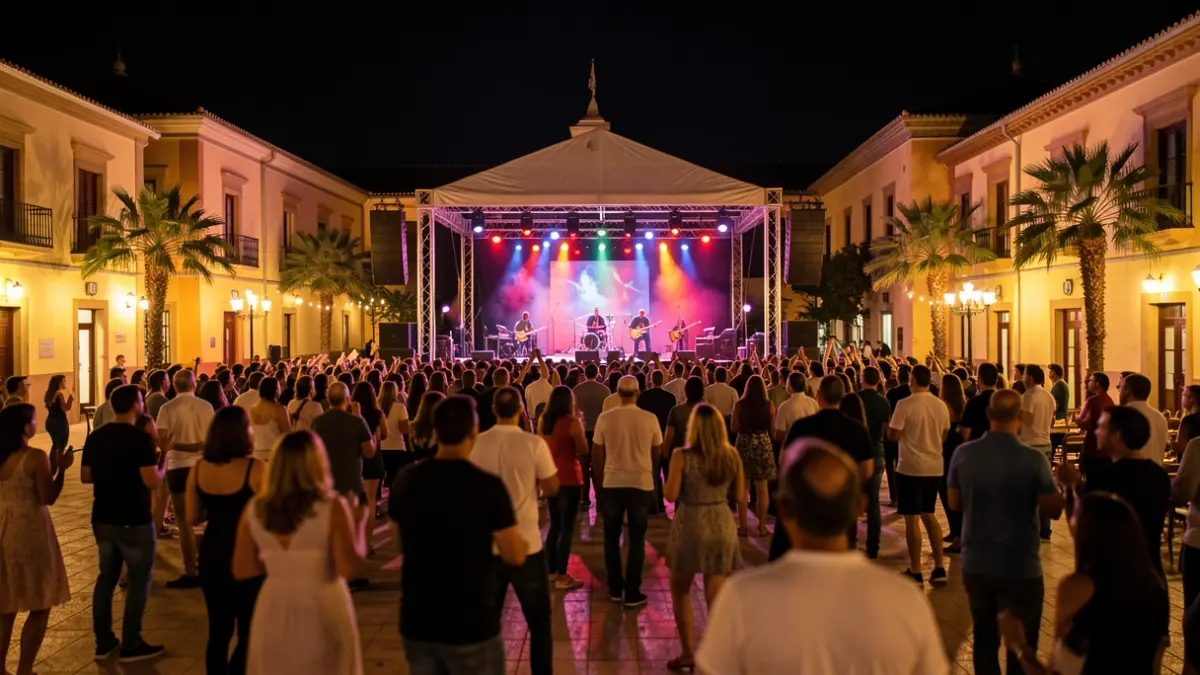 Imagen genérica de un auditorio municipal andaluz por la noche, con escenario iluminado y público disfrutando de un concierto.