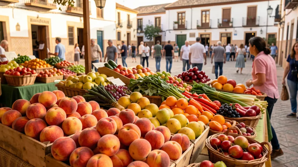 Exposición de frutas y verduras en Alcaudete, con melocotones como producto destacado.