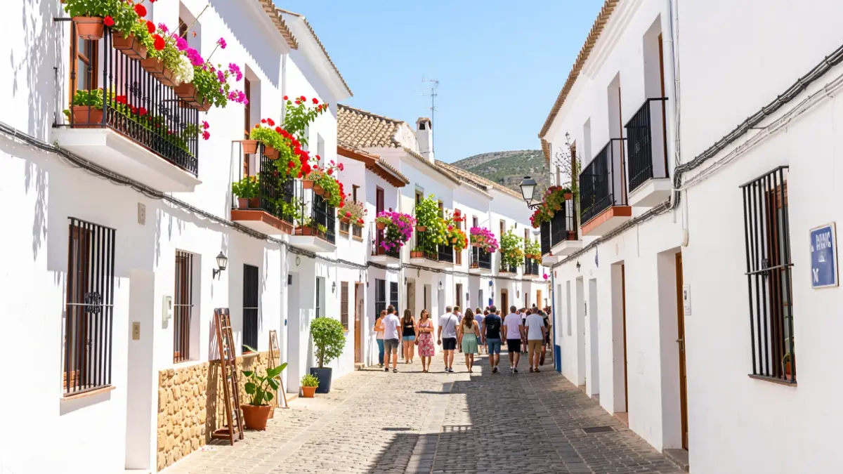 Generic image of a white Andalusian village street with flowers and intense sun.