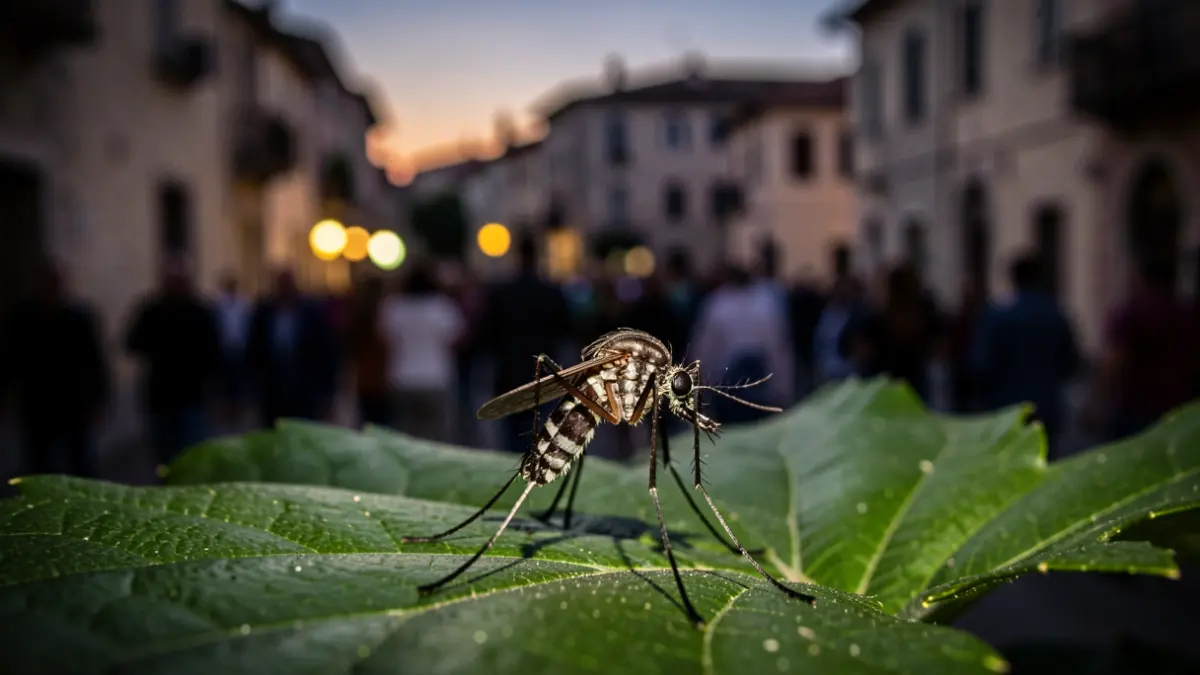 Mosquito on a leaf with the town of Lucena in the background.