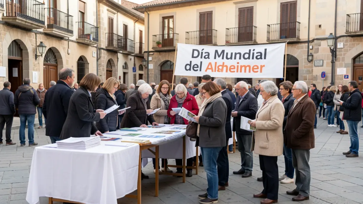 Information tables and attendees at an event for World Alzheimer's Day in a public square.