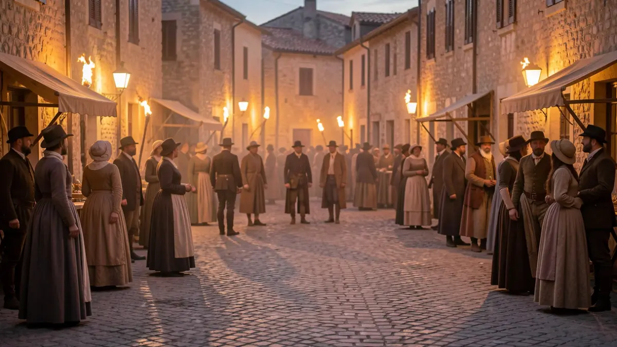 Recreación histórica de la Quema de Algarrobo con vecinos ataviados con trajes de época en un ambiente nocturno.
