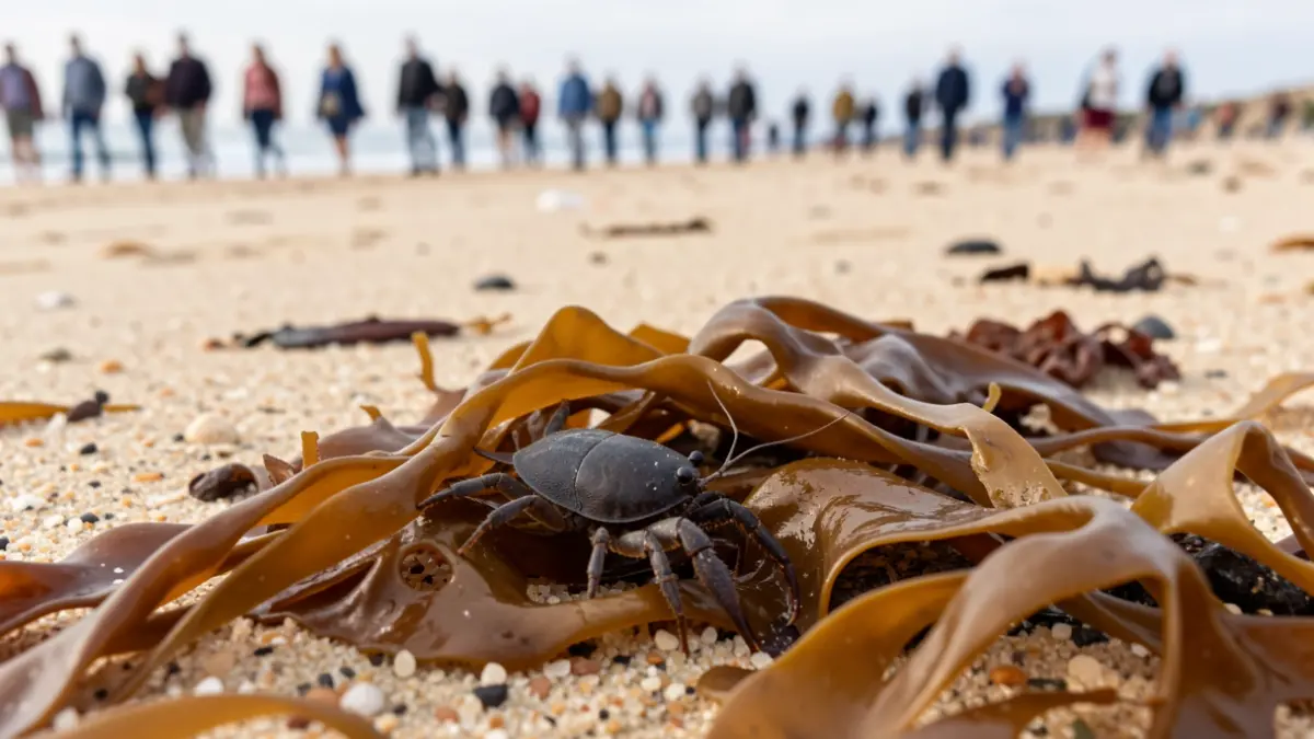 Un pequeño crustáceo, conocido como pulga de mar, se refugia entre algas invasoras en una playa andaluza.
