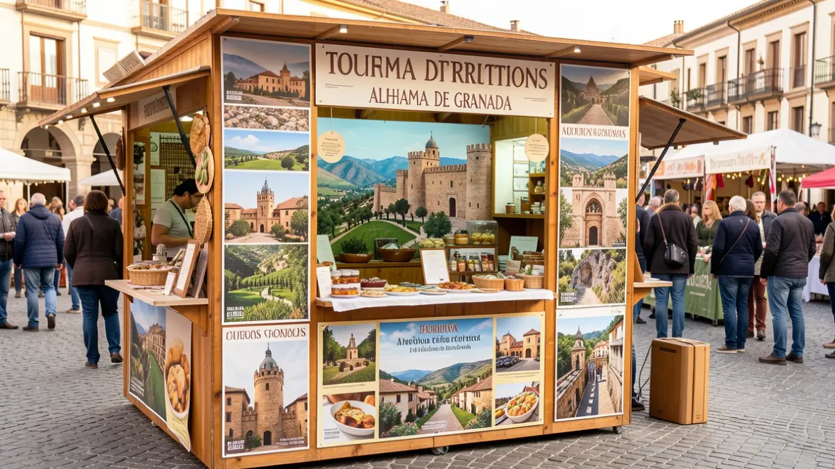 Stand promocional de Alhama de Granada en una feria turística, destacando su patrimonio y oferta.