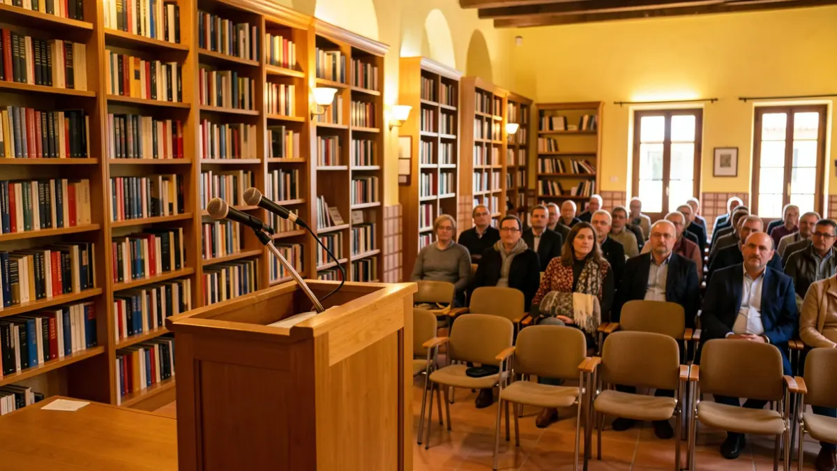 Generic image of a cultural center interior with bookshelves and a microphone.