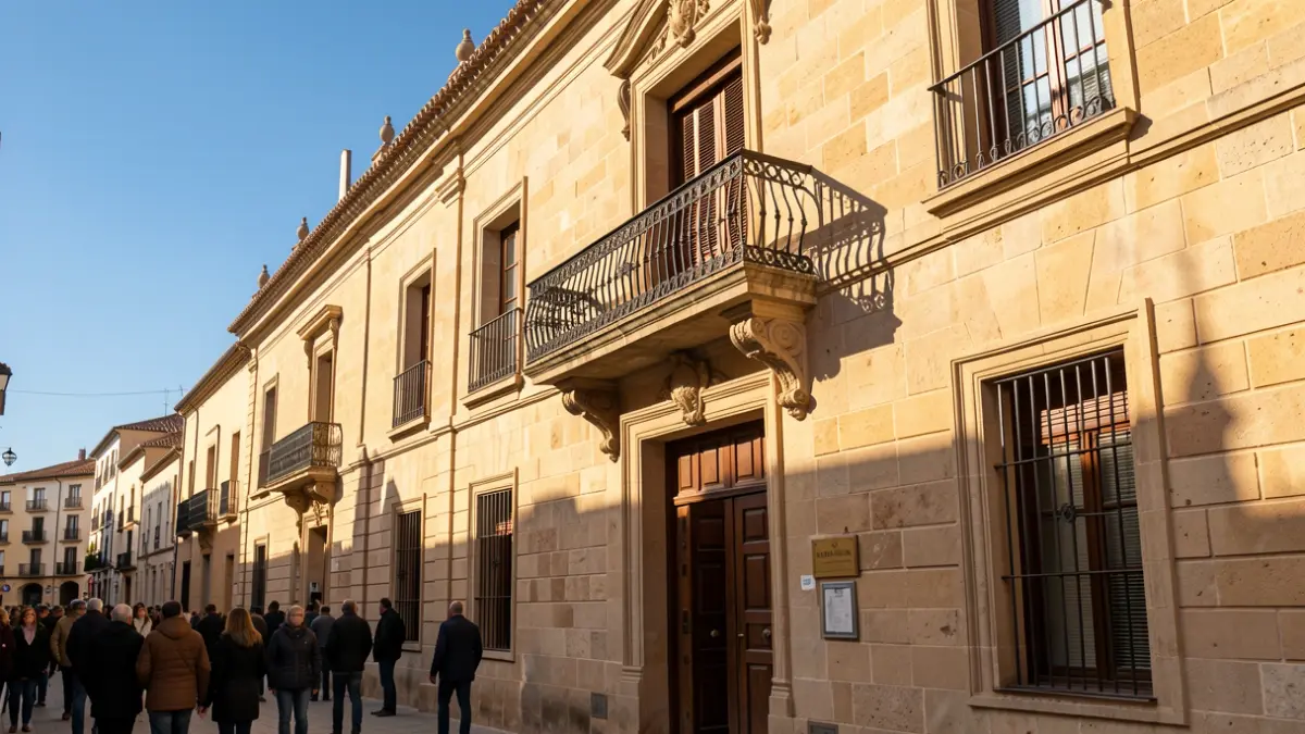 Stone facade of an Andalusian town hall with balcony and iron railings, afternoon sunlight.