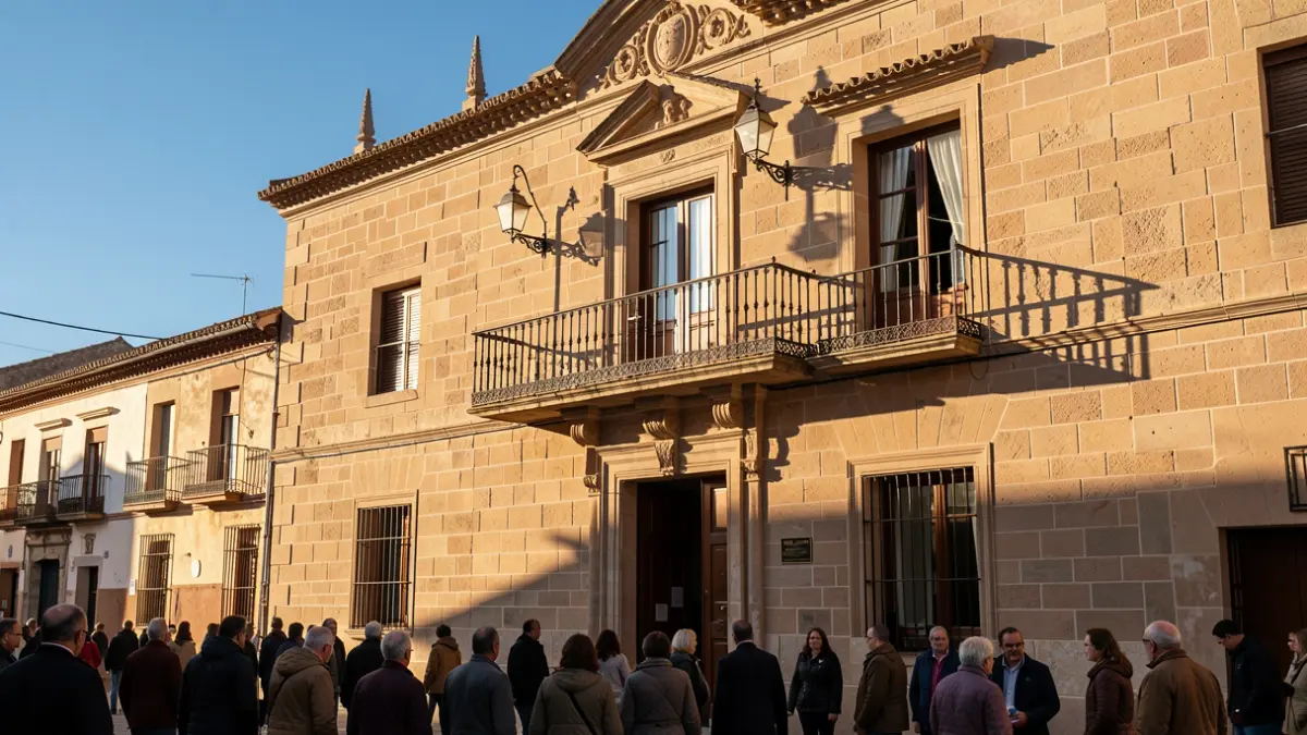 Facade of a traditional Andalusian town hall with an ornate balcony and iron railings, warm afternoon sunlight, blue sky.
