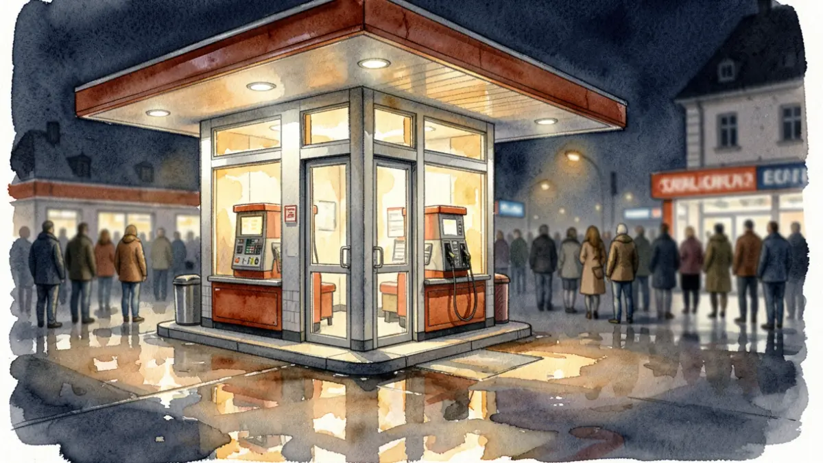 Primer plano de una pintura de acuarela que representa una gasolinera de noche, con luz cálida sobre el asfalto mojado.