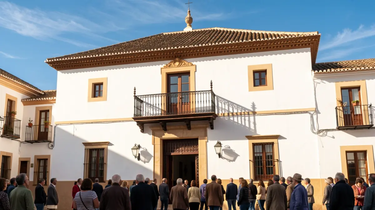 Facade of a traditional Andalusian town hall with a balcony and intense sunlight.