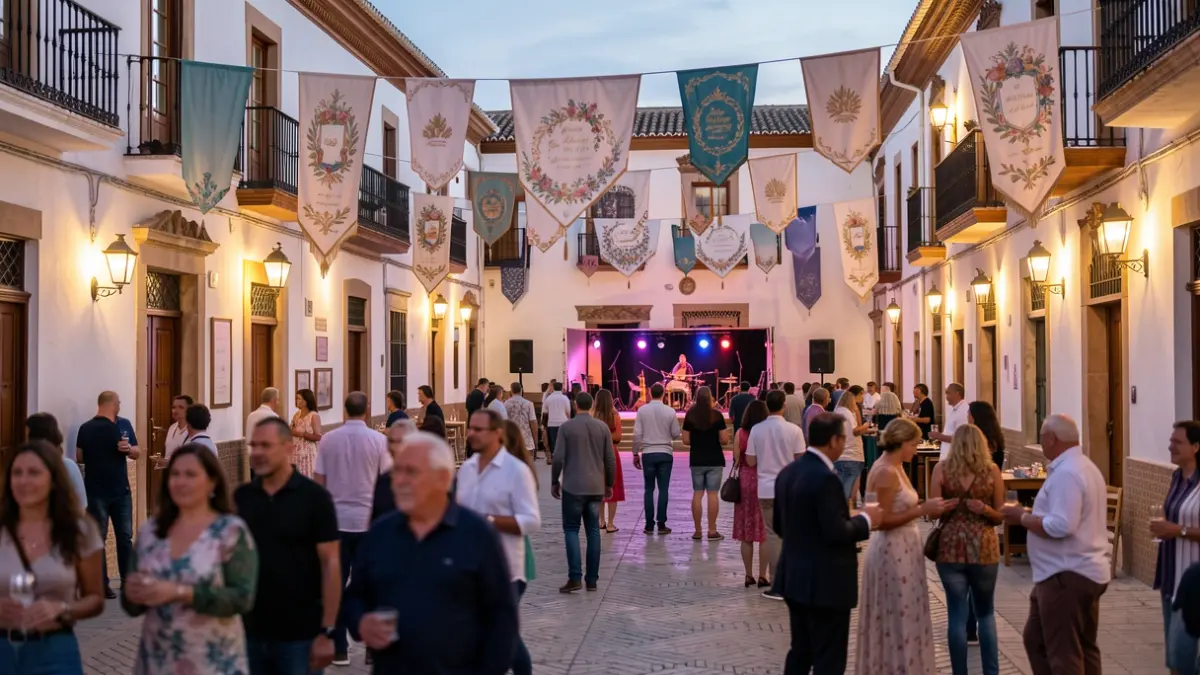 Generic image of an Andalusian town square decorated for a wedding event at dusk.