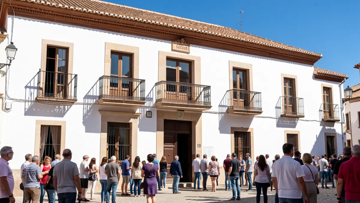 Fachada del Ayuntamiento de Alhaurín el Grande con balcón de hierro y cielo azul.