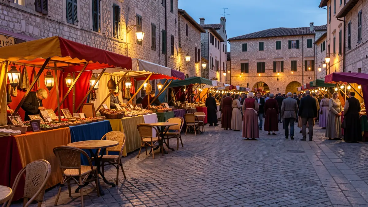 Generic image of a medieval market in an Andalusian square at dusk.