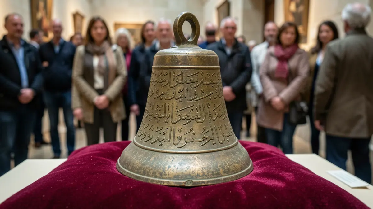 11th-century Mozarabic bronze bell with Kufic calligraphy inscription.