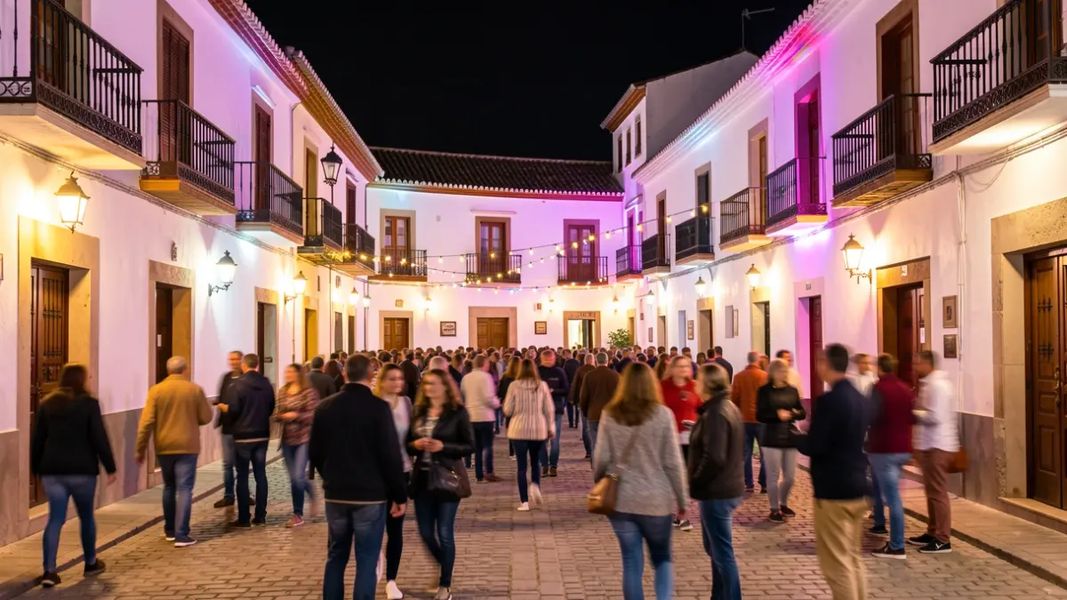 Generic image of a brightly lit Andalusian town square at night during a festival.
