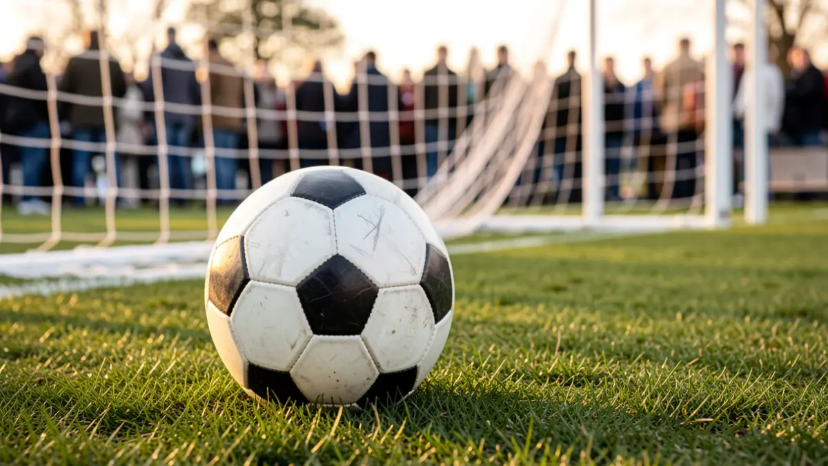 Generic image of a soccer ball on grass with a blurred goal net in the background.