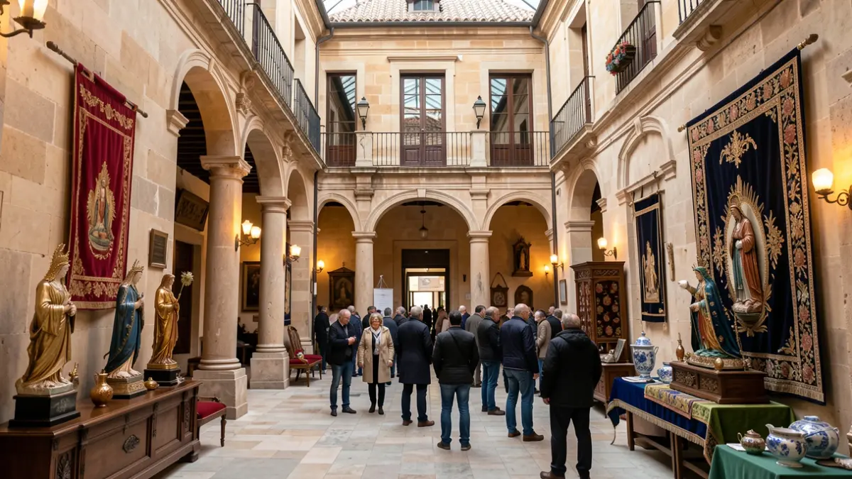 Interior of the Patio de Luces of Diputación de Almería with pieces from the 'Regina Maris' exhibition.