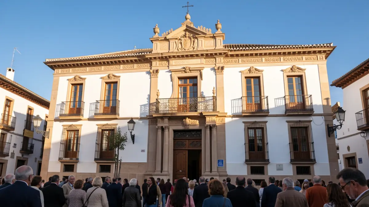 Fachada de un ayuntamiento andaluz con balcones ornamentados y paredes blancas, bajo la luz del sol de la tarde.
