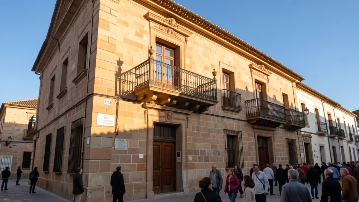 Fachada de un ayuntamiento andaluz con balcón y barandillas de hierro, luz de tarde.