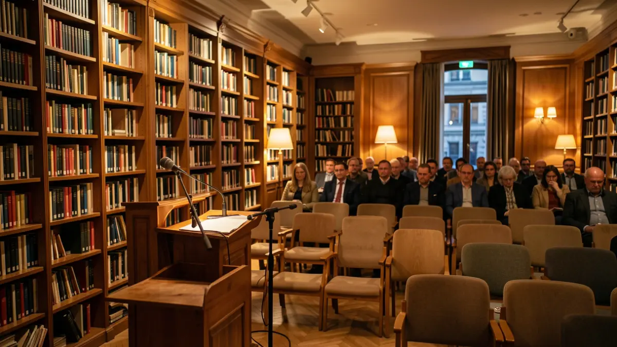 Imagen de una sala de conferencias preparada para un evento de divulgación científica.