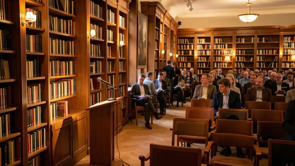 Generic image of a scientific outreach space with microphones and bookshelves.