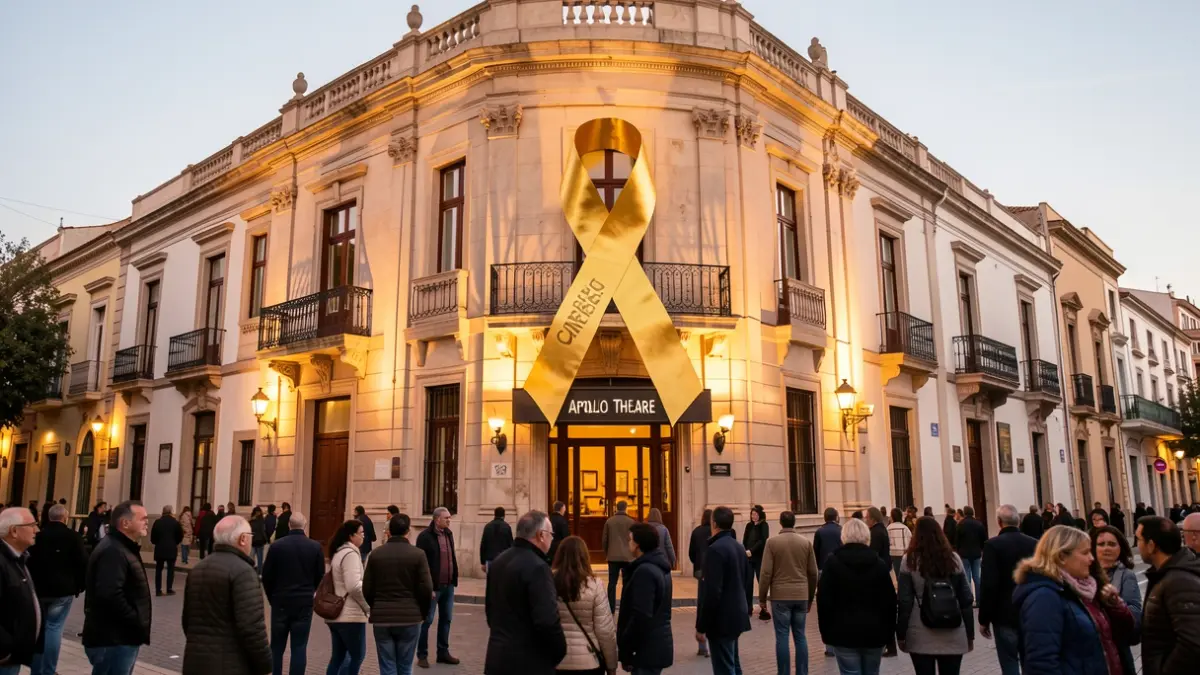 El Teatro Apolo de Almería luce el lazo dorado contra el cáncer infantil.