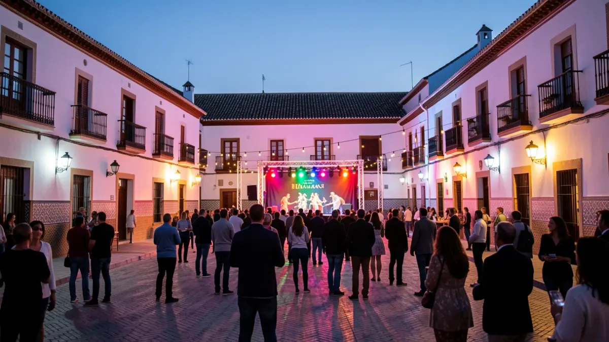Imagen genérica de una plaza de pueblo andaluz iluminada por la noche durante una feria.
