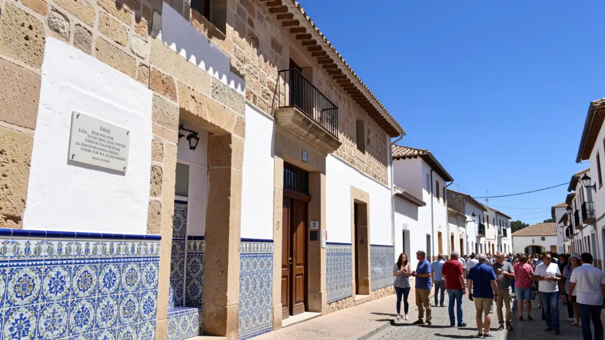 Fachada de un ayuntamiento rural andaluz con una placa conmemorativa.