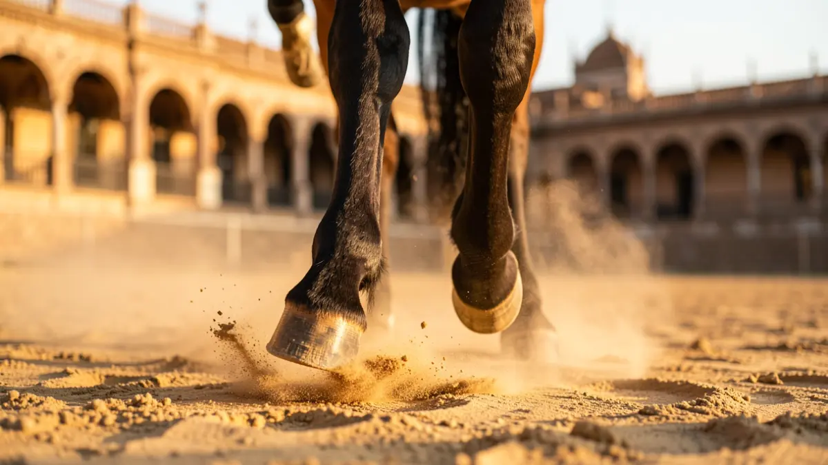 Primer plano de los cascos de un caballo levantando polvo en una arena, con arquitectura española de fondo.