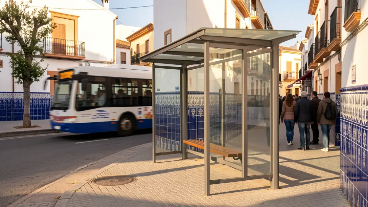 Parada de autobús en un nuevo barrio residencial de Sevilla con arquitectura andaluza.