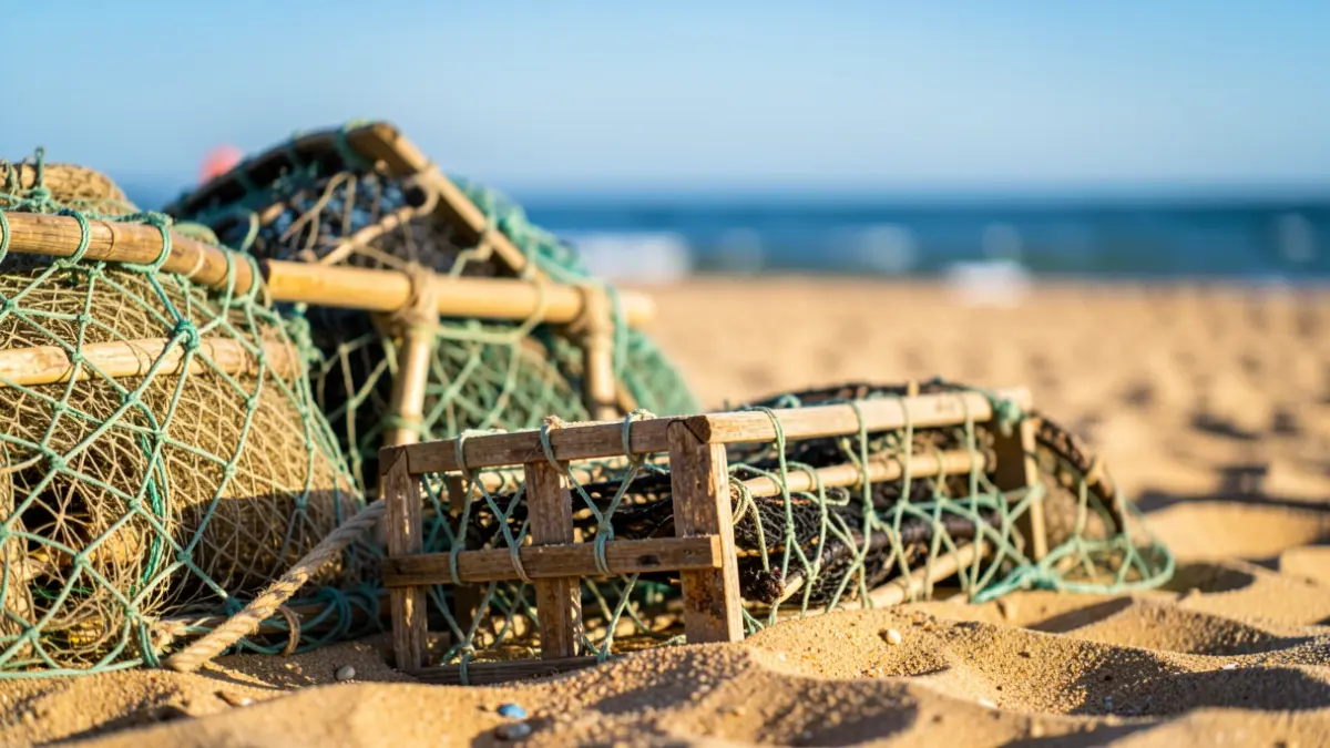 Traditional fishing nets and wooden traps on a beach in Chipiona.
