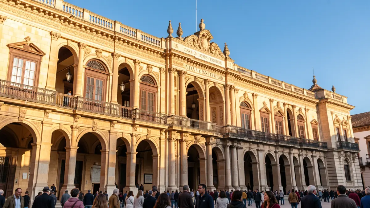 Fachada del Ayuntamiento de Sevilla, edificio institucional con balcones y arcos, bajo el sol andaluz.