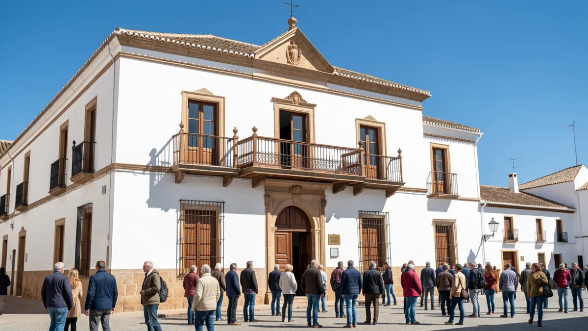 Fachada del Ayuntamiento de Ubrique, un edificio institucional blanco con balcón.
