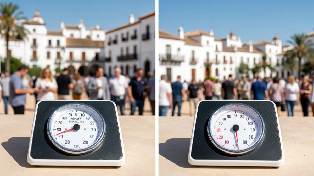 Split image showing a scale with healthy weight and another with overweight, against a backdrop of an Andalusian landscape.