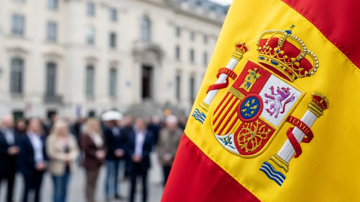 Primer plano del escudo de la bandera de España con el fondo borroso de un edificio oficial.