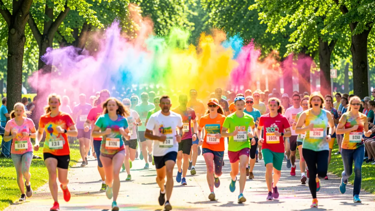Generic image of a fun run with participants throwing colorful powder.