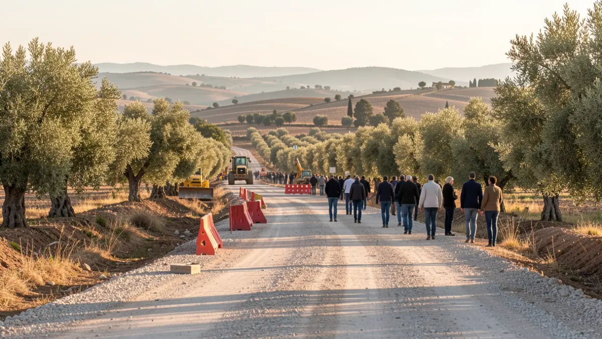 Imagen de obras en una carretera rural andaluza con maquinaria y barreras.