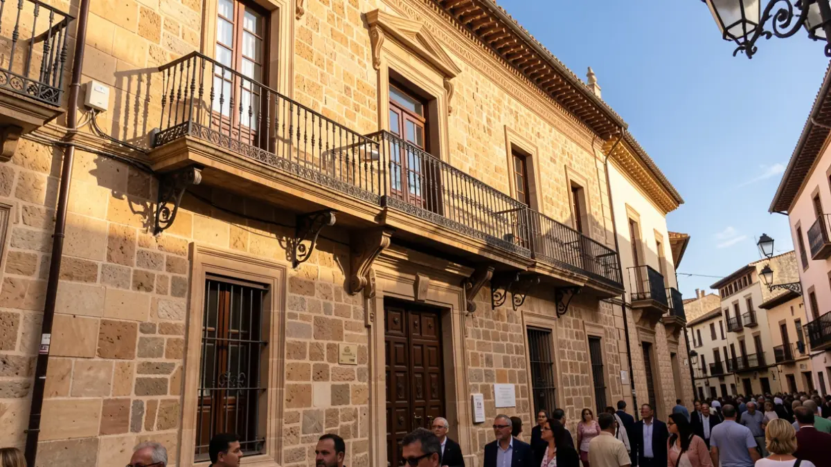 Fachada del Ayuntamiento de Arjona con balcón y barandillas de hierro, luz de sol de la tarde.