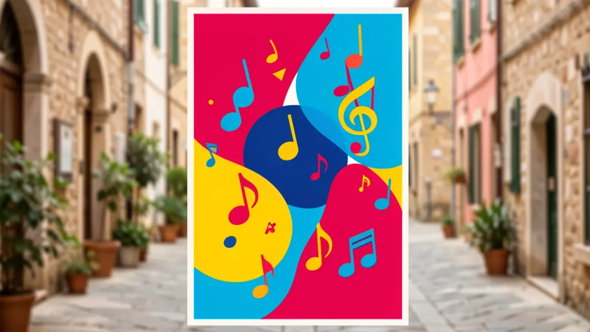 Cartel genérico de fiestas populares con elementos musicales y abstractos.