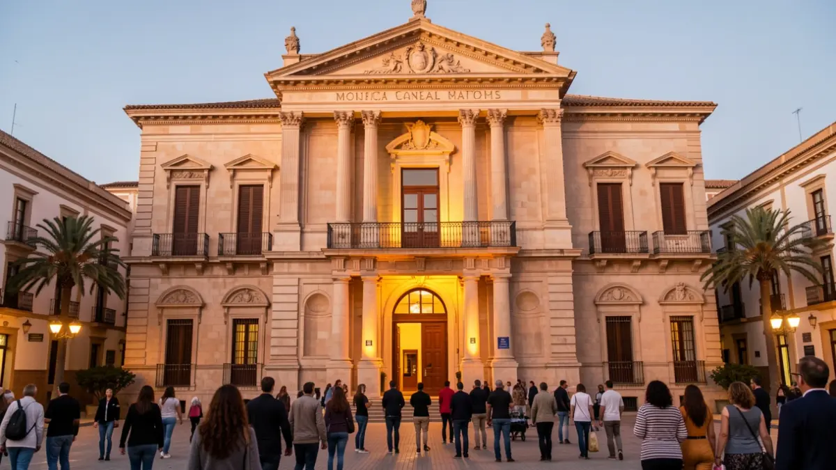 Fachada del Teatro Municipal de Casariche iluminada por la luz del atardecer.