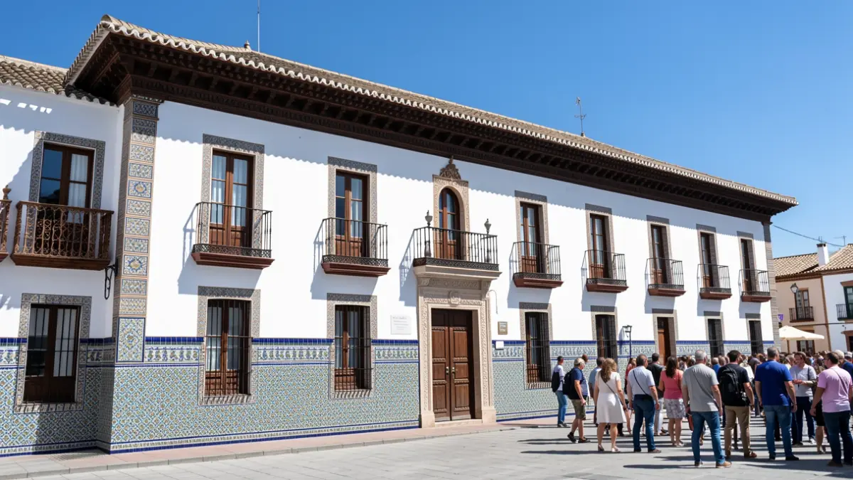 Fachada de un colegio andaluz con paredes blancas y azulejos coloridos.