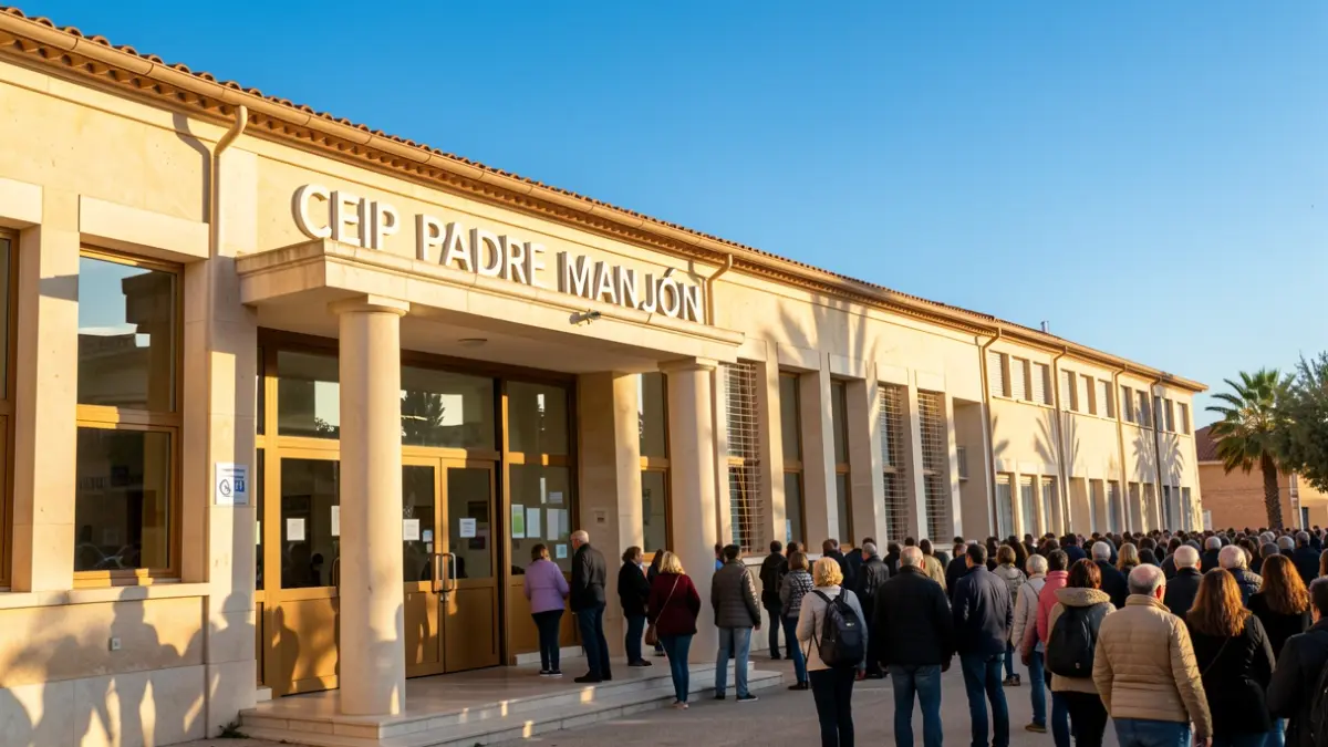 Fachada del colegio CEIP Padre Manjón en Benahadux, Almería, con cielo azul y luz solar.