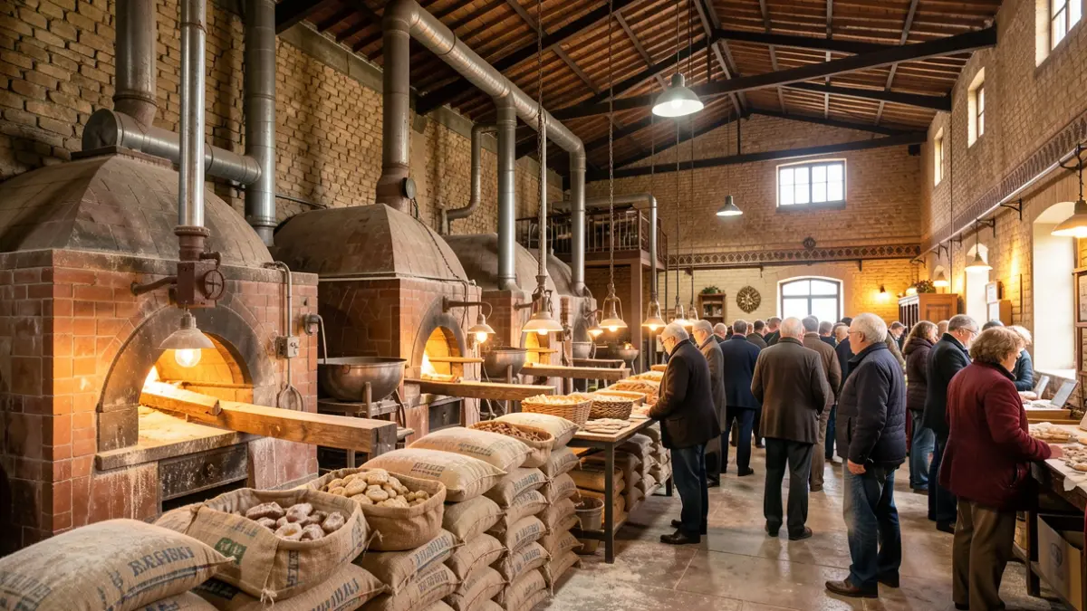 Interior of a traditional Andalusian factory with large industrial ovens and sacks of flour, focusing on the production process of Christmas sweets.