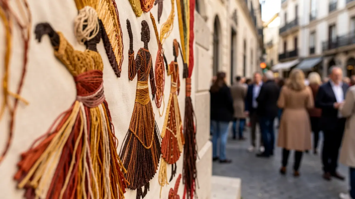 Detalle de obra de arte textil con siluetas flamencas abstractas y flecos.