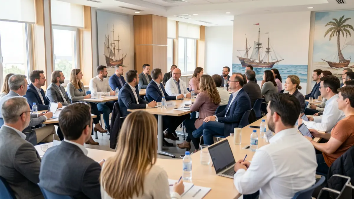 Imagen genérica de un foro de economía azul en Andalucía con asistentes y decoración temática.