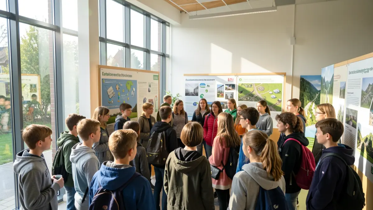 Students participating in a guided tour at an environmental classroom focused on waste management.